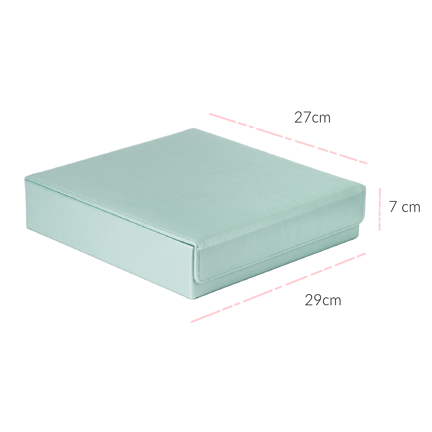 The mint green accessory organiser is shown closed against a white background. The magnetic closing flap at the front is visible. The measurements are shown on the image. The box, when closed, measures 29cm wide, 27 cm depth, and 7cm high