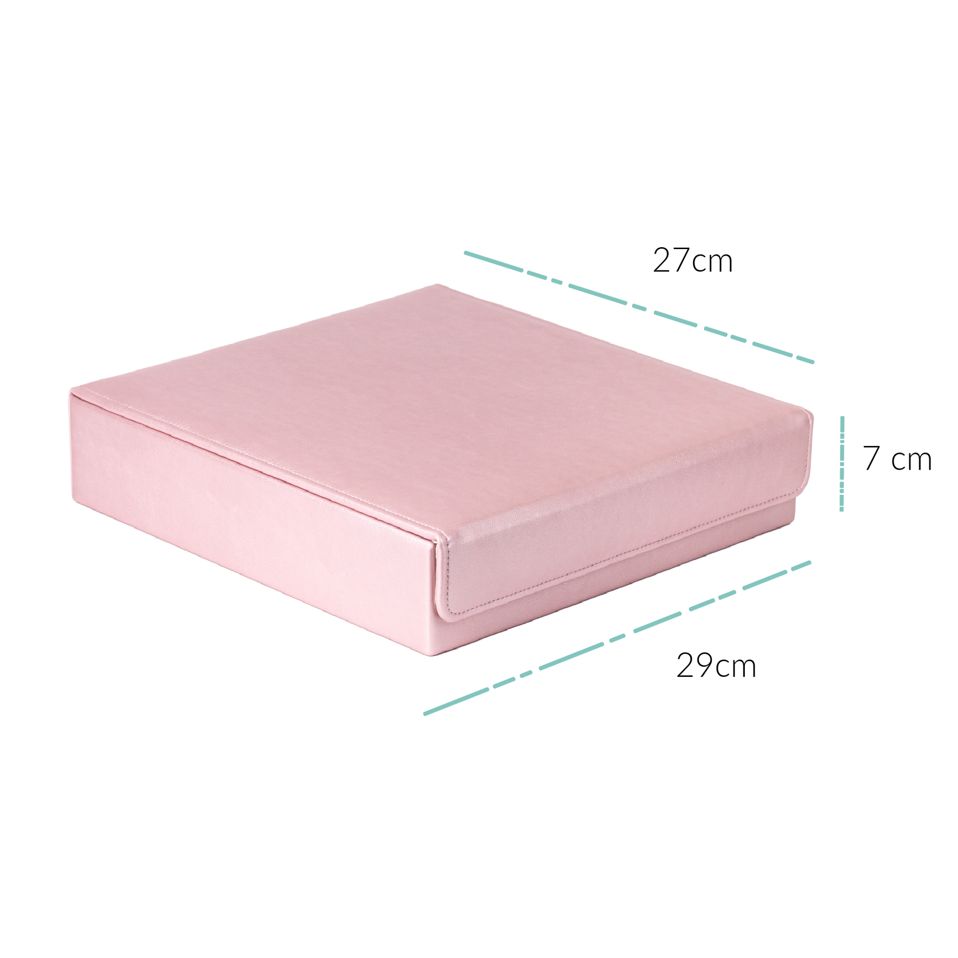 The pink hair accessory organiser is shown closed against a white background. The magnetic closing flap at the front is visible. The measurements are shown on the image. The box, when closed, measures 29cm wide, 27 cm depth, and 7cm high